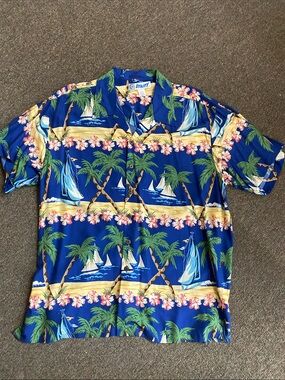 Vintage Utility Blue Tropical Sailboat Camp Collar Shirt